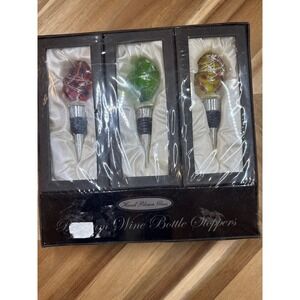 Hand Blown Glass Wine Bottle Stoppers Set 3 Artisan Crafted Bar Cart Accessory